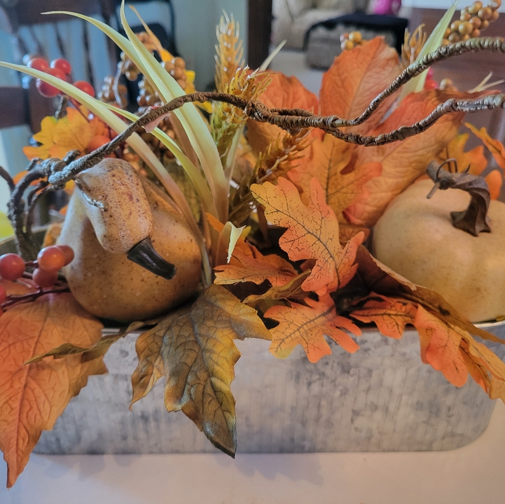 Autumn Harvest Centerpiece with Pumpkins and Leaves